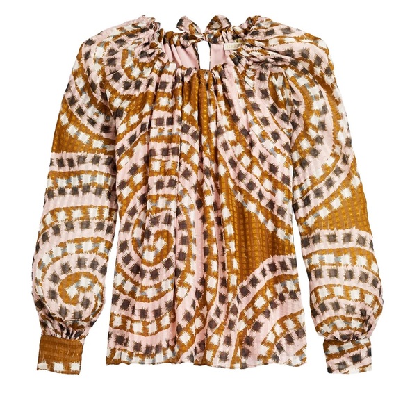Marie Oliver Jenna Silk Blend Tapenade Mosaic Print Tie Back Blouse - M - Picture 4 of 15